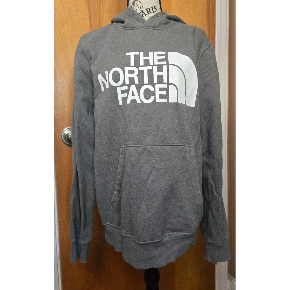 The North Face Hoodie Gray Pullover Sweatshirt Mens Small Logo Pocket Fleece‎
